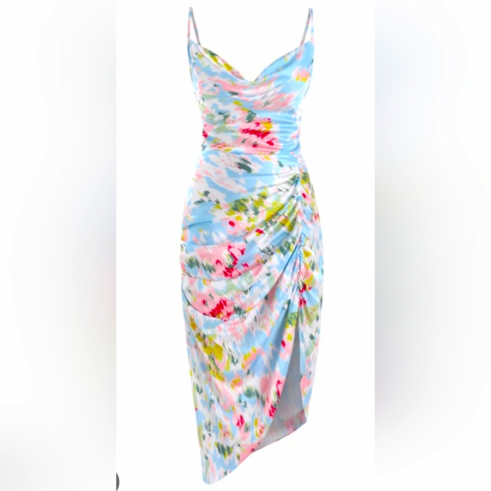 Cider Illusion Floral Ruched Cowl Neck Midi Dress